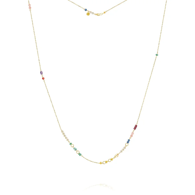 bridal necklaces for women -Piccolo Bloom 18K Gold Necklace, 62 cm w. Emerald, Ruby, Quartz, Kyanite, Pearl, Citrin, Coral & Amethyst