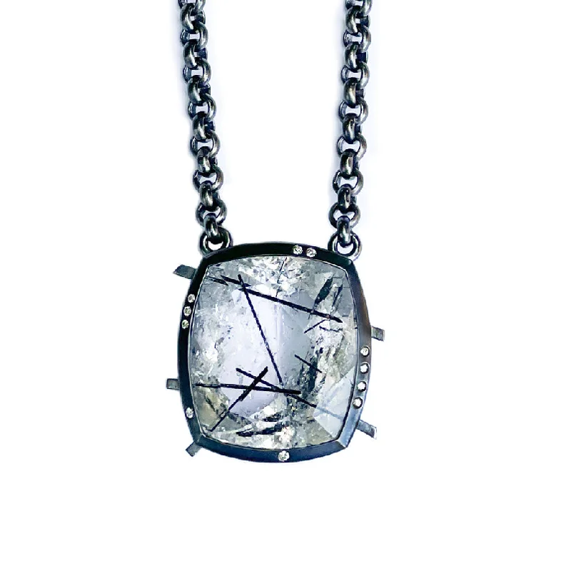 minimalistic silver necklaces for women -Tourmalinated Quartz and Diamond Necklace