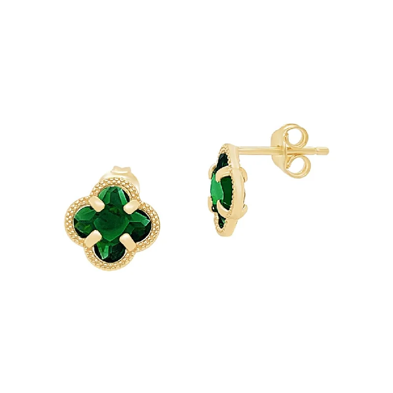 simple hoop earrings for women -9ct Yellow Gold Silver Infused Green Stone Four Leaf Clover Stud Earrings