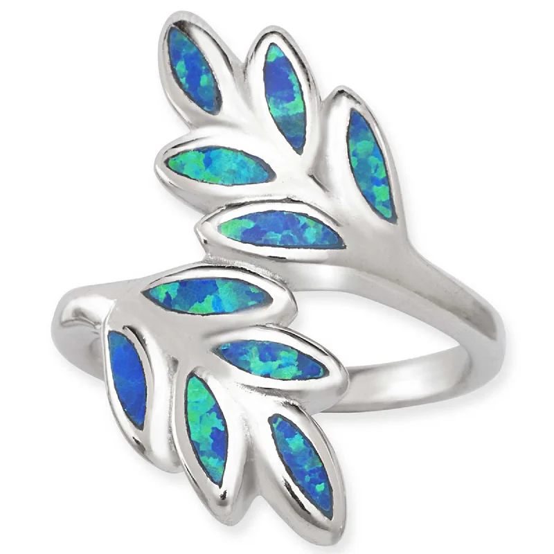 sapphire rings for women -Opalata Women's Blue Inlay Opal Double Leaf Ring - W-1397