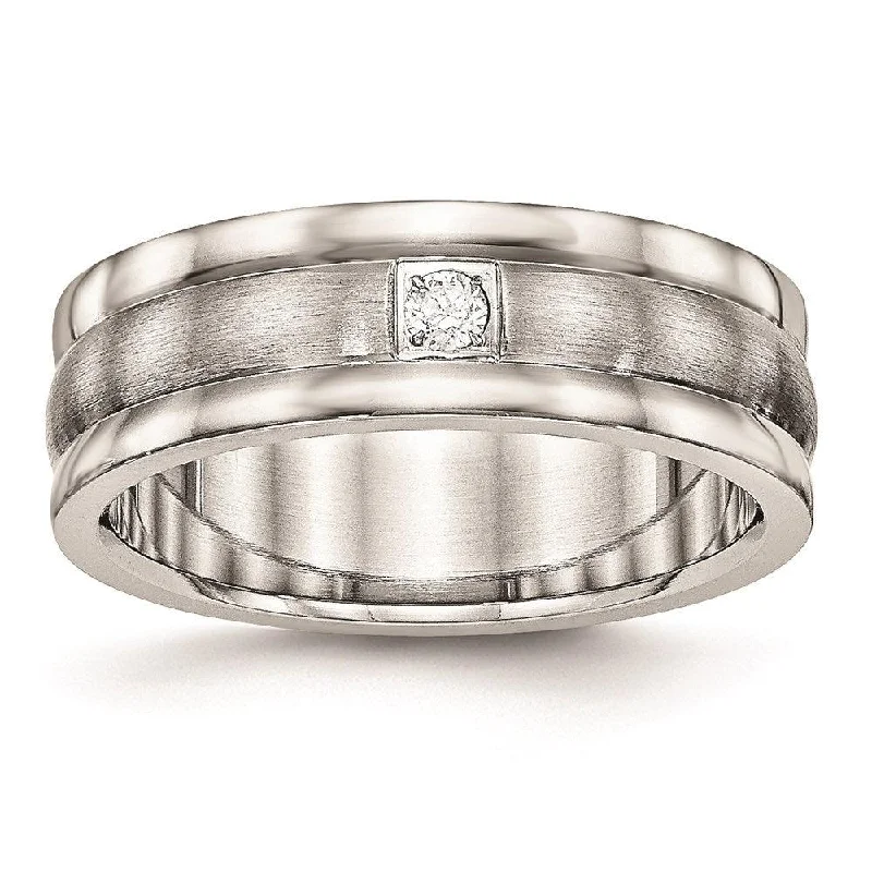 wedding bands for women -Stainless Steel Polished and Brushed Grooved CZ Ring