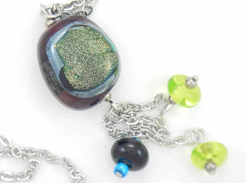 silver necklaces for women -27-inch necklace with funky glass bead and matching pendants in dark red-lime green-black (Murano-style glass handmade in Montreal), stainless steel chain