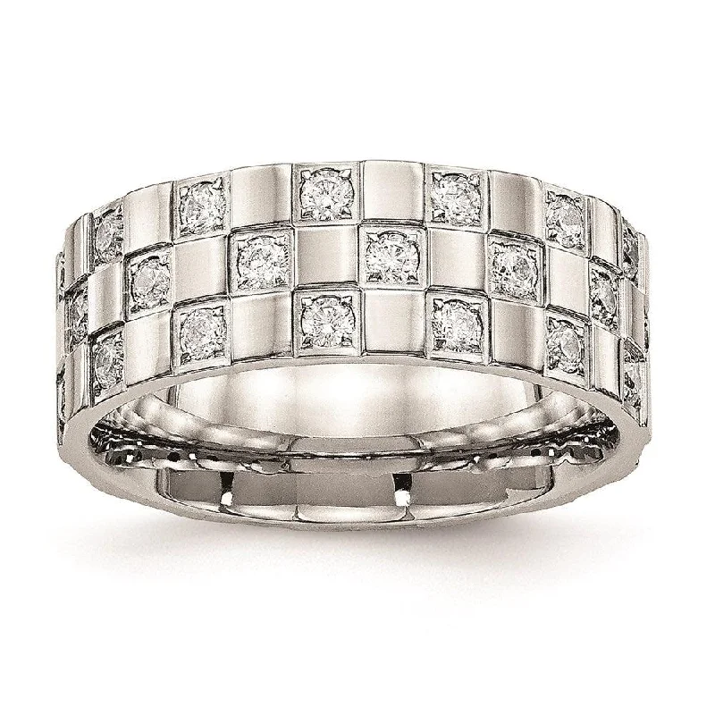 fashion rings for women -Stainless Steel Polished Checkered Board CZ Ring