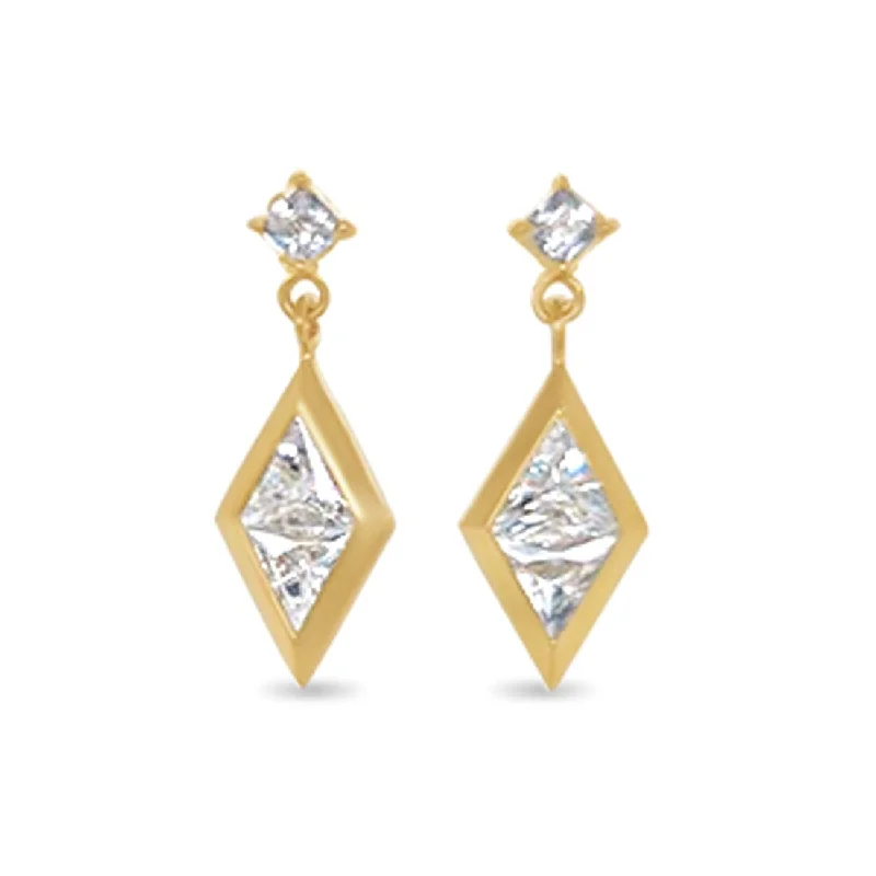 bridal earrings for women -Diamond Shaped Drop Earrings with Cubic Zirconia in 9ct Yellow Gold