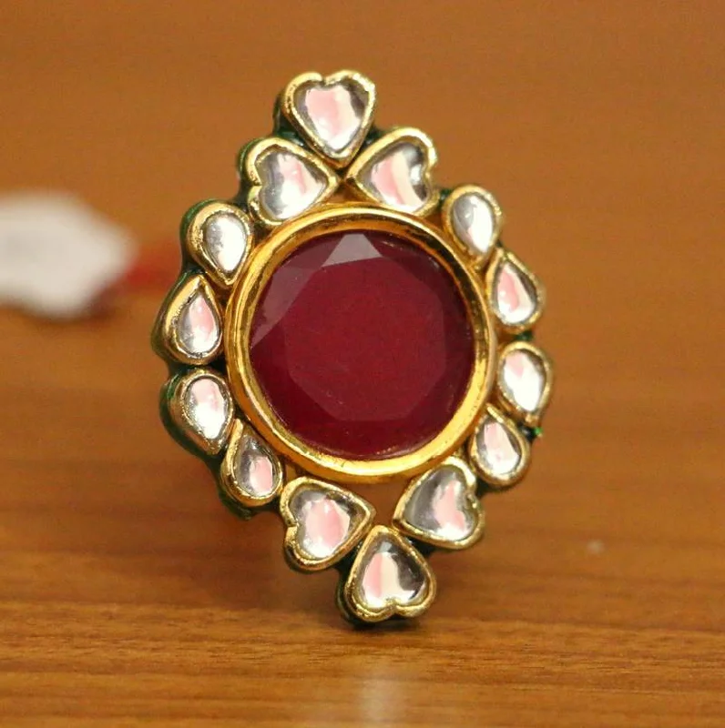 gemstone statement rings -RUBY COLOUR GOLD PLATED KUNDAN MEENAKARI RING