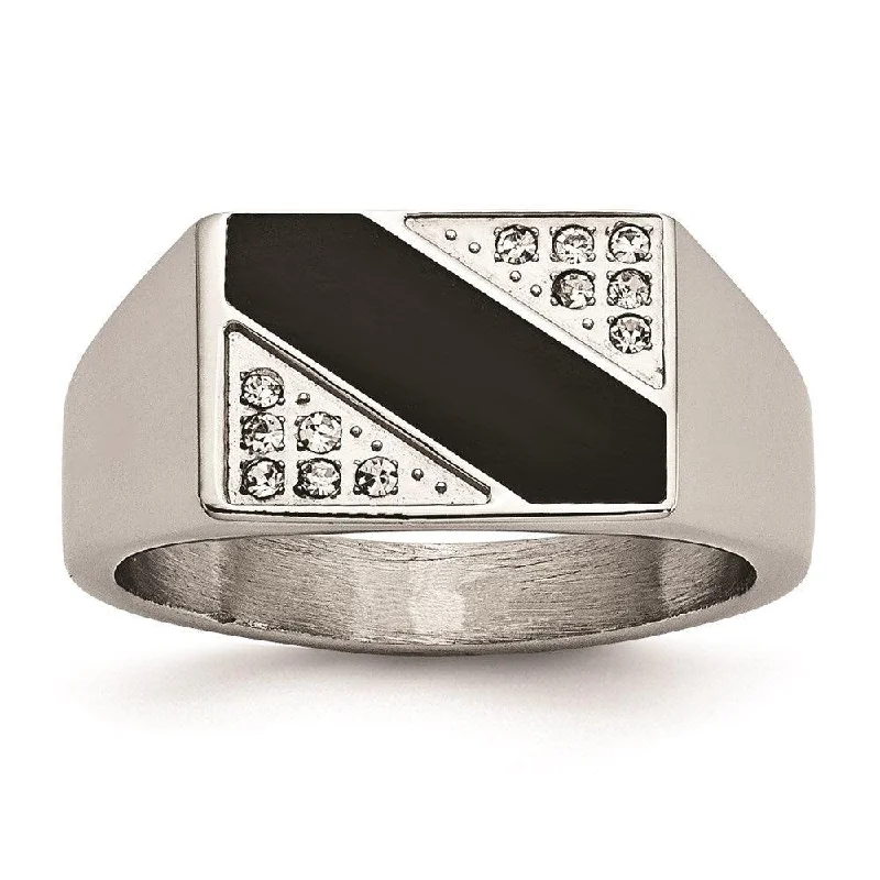 luxury promise rings -Stainless Steel Polished Black Enameled CZ Signet Ring