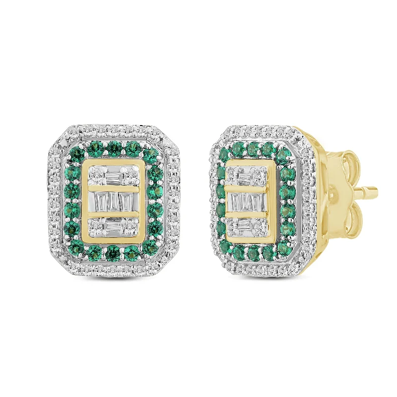 classic gold earrings for women -Created Emerald Stud Earrings with 1/4ct of Diamonds in 9ct Yellow Gold