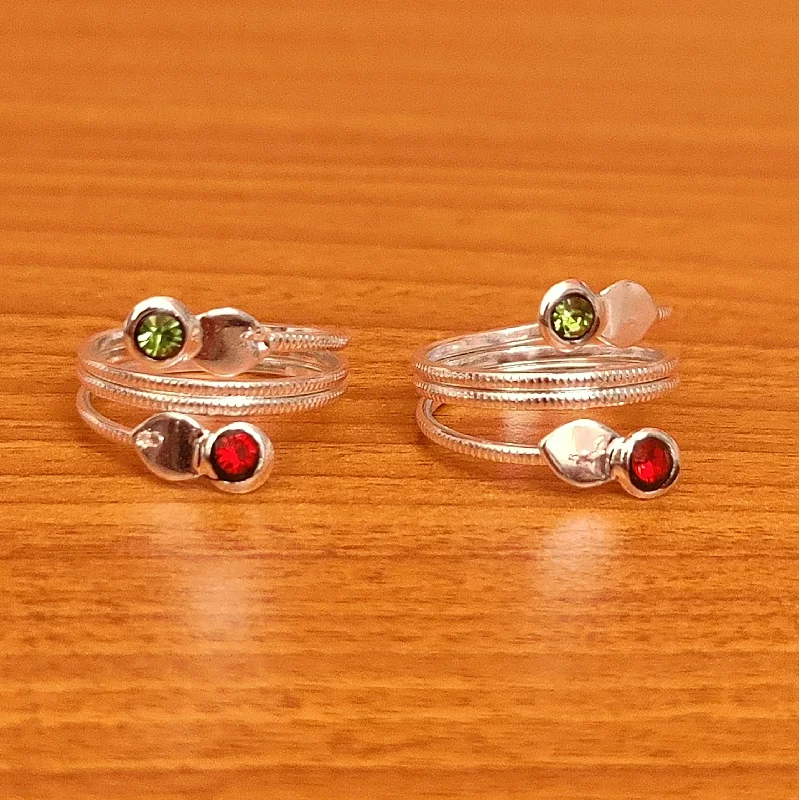 pearl rings for women -SILVER PLATED RED & GREEN COLOUR ADJUSTABLE TOE RING