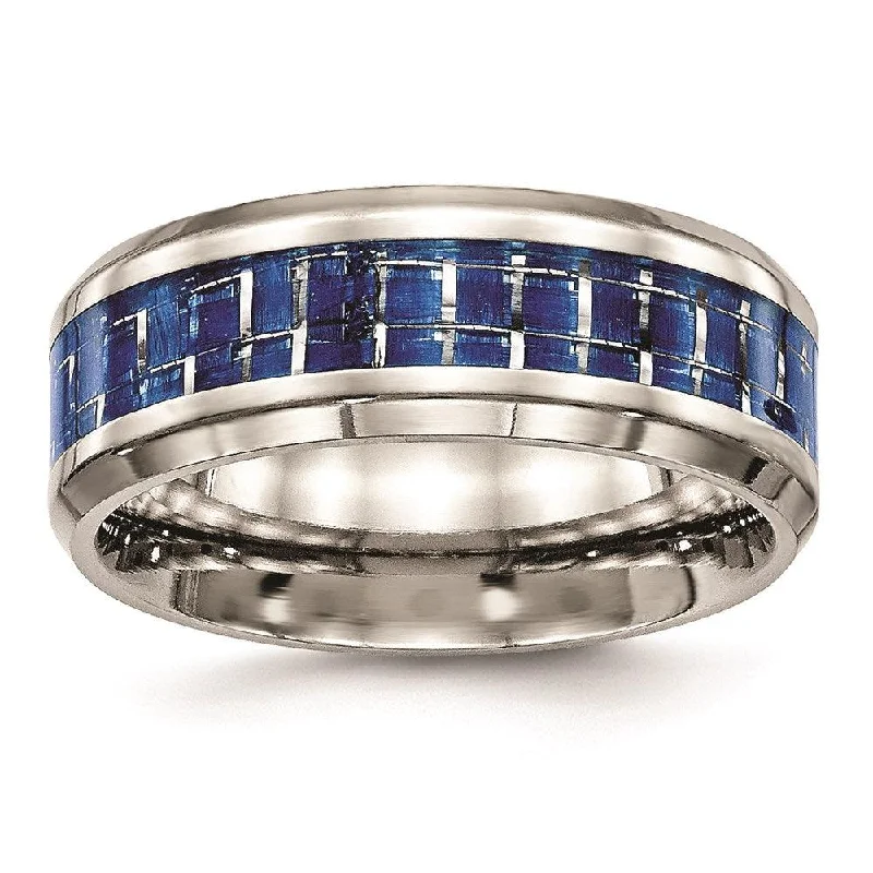 unique engagement rings -Stainless Steel Polished Blue/White Carbon Fiber Inlay Ring