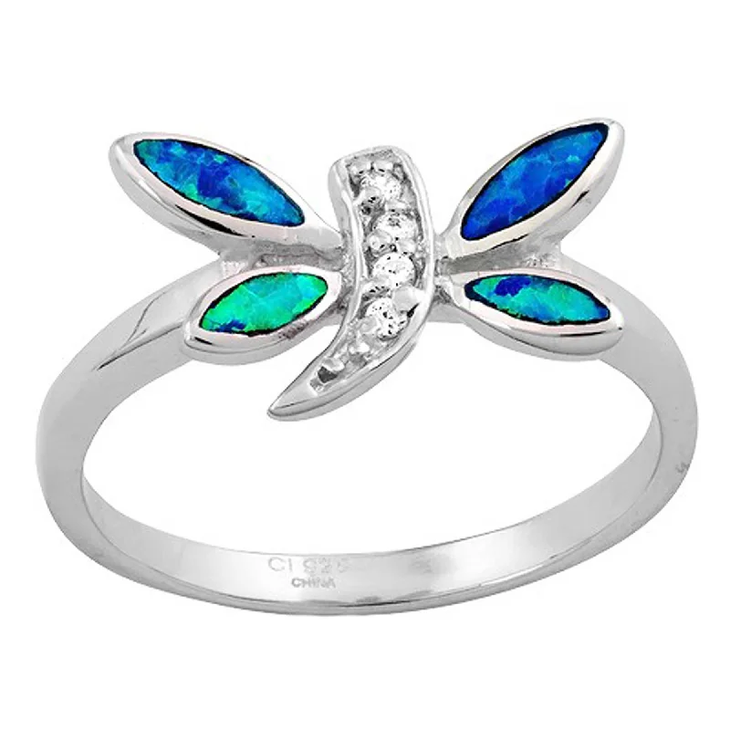 birthstone rings for women -Opalata Women's CZ and Blue Opal Dragonfly Ring - W-9663