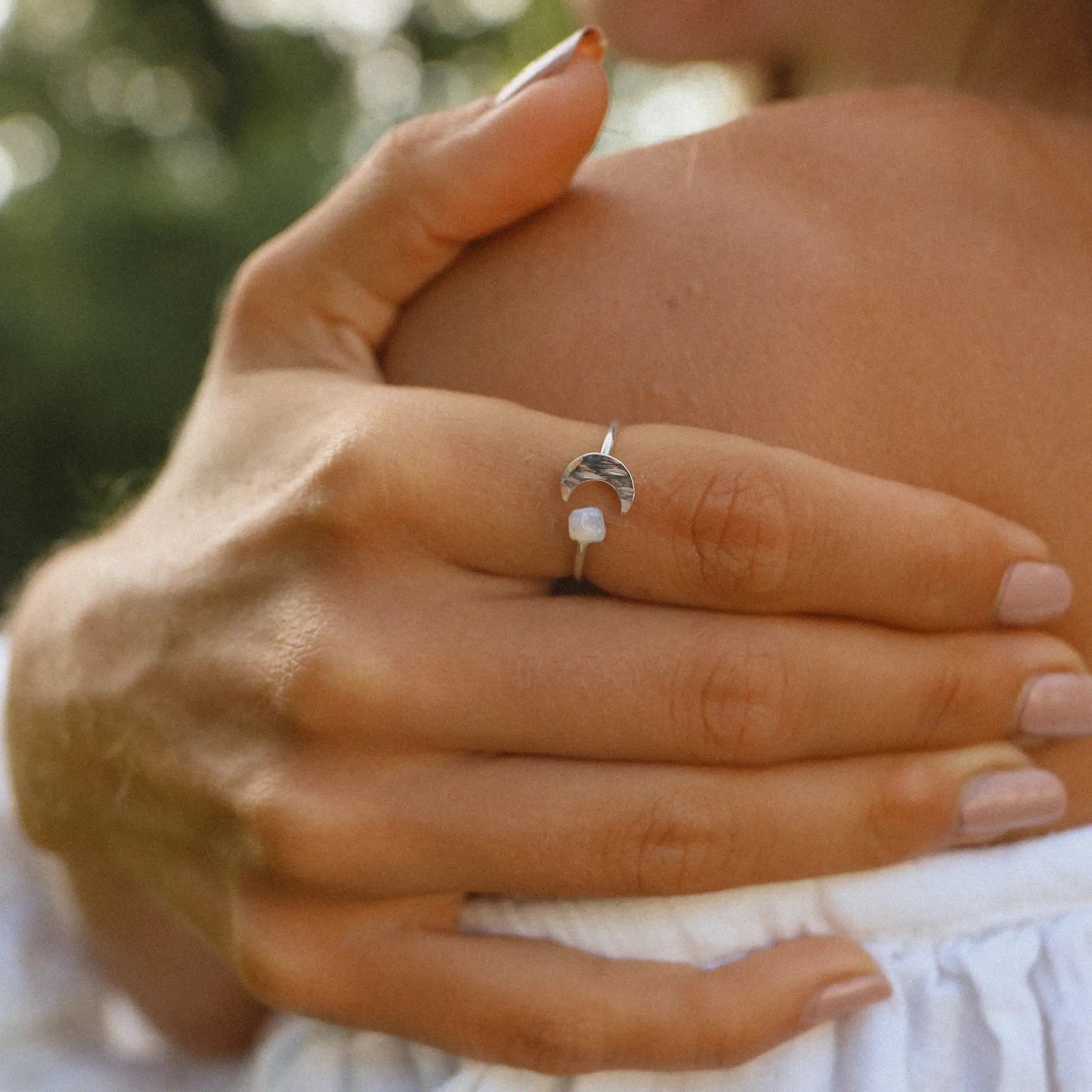 eternity bands for women -Silver Little Moon and Raw Opal Ring