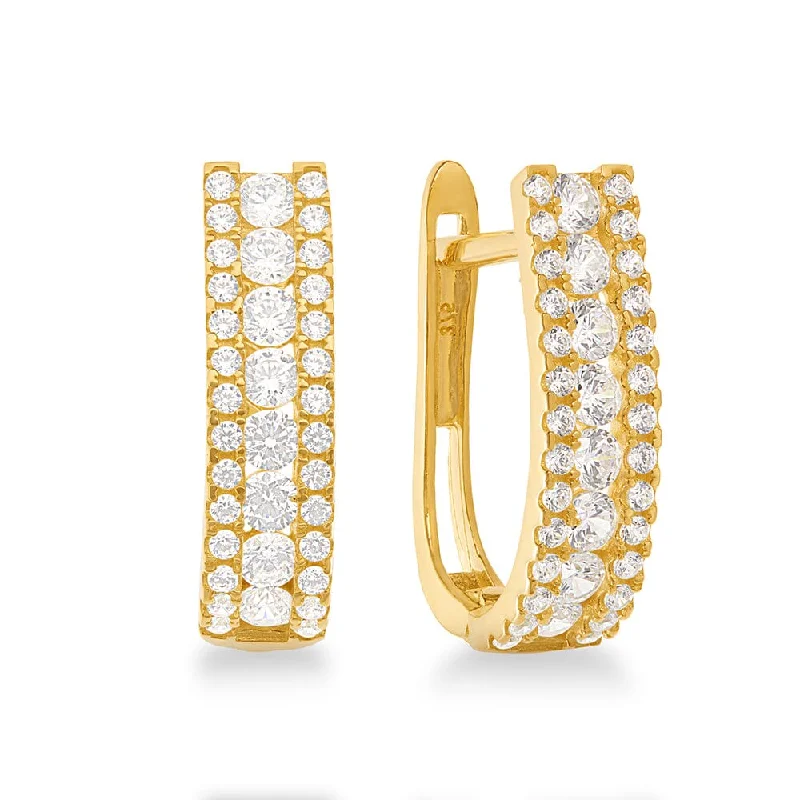 gemstone hoop earrings for women -Three Row Hoop Earrings with Cubic Zirconia in 9ct Yellow Gold