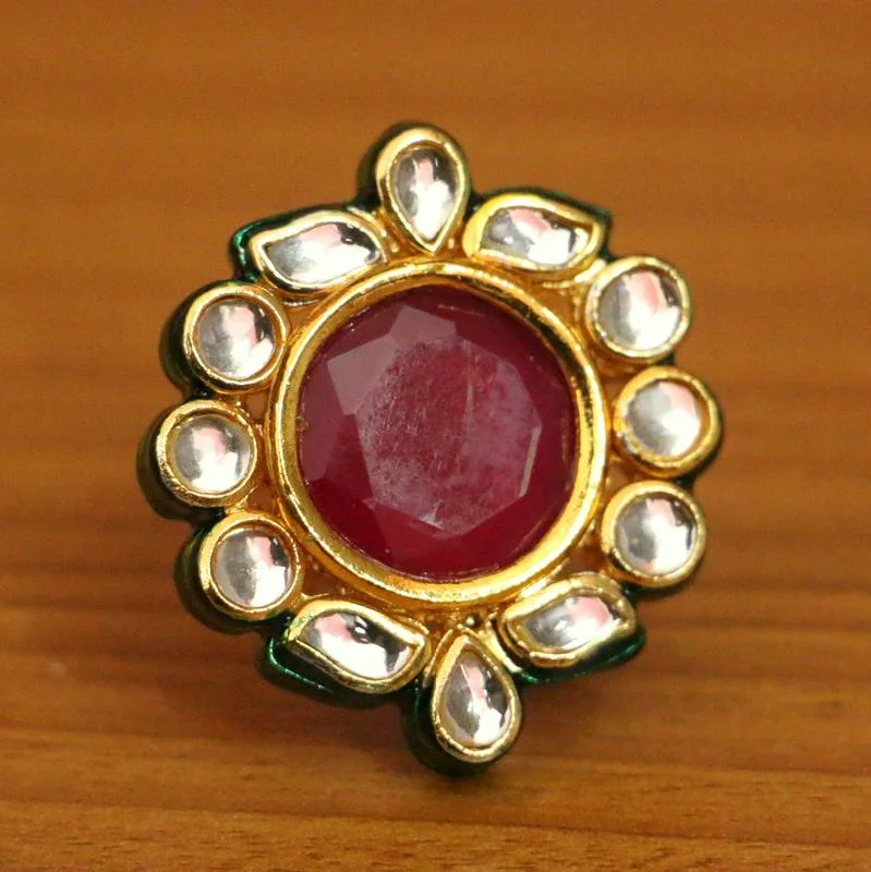 fashion gemstone rings -RUBY COLOUR ONYX KUNDAN MEENAKARI ADJUSTABLE RING