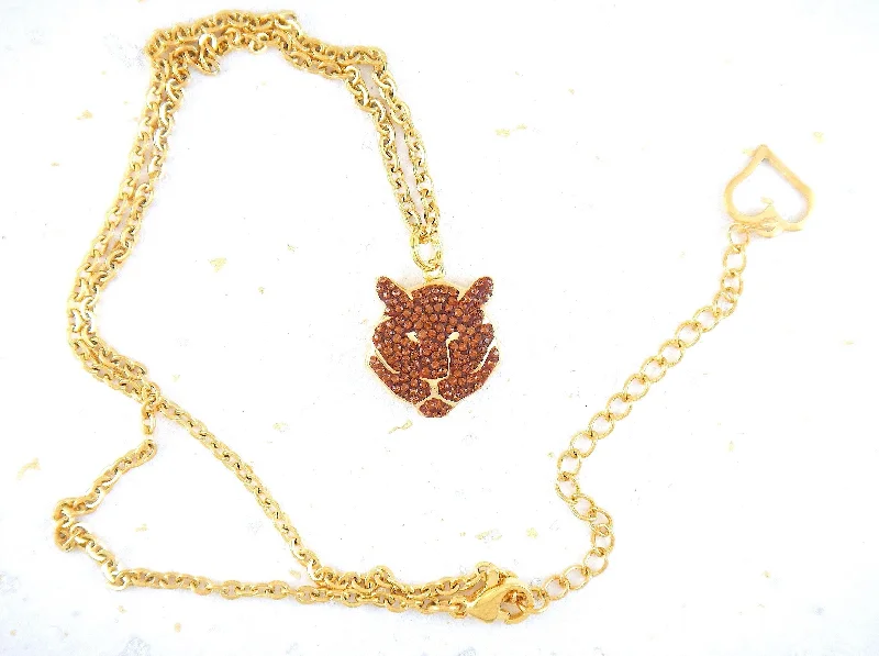 simple gold necklaces for women -15-inch necklace with Swarovski Tiger charm pendant in bronze (smoke), gold plated, all gold-toned hypoallergenic stainless steel