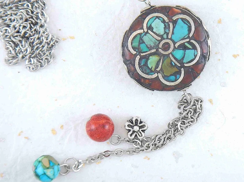 vintage-style necklaces for women -26-inch necklace with Tibetan disk, coral and turquoise mosaic in pewter, flower pattern, matching pendants, stainless steel chain