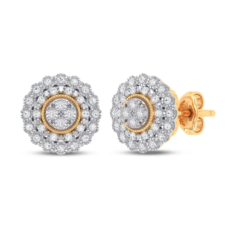 romantic earrings for women -Miracle Surround Composite Stud Earrings with 0.15ct of Diamonds in 9ct Yellow Gold