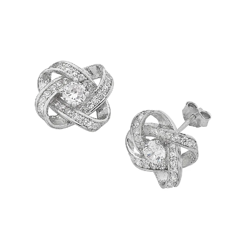 gold earrings for women -Sterling Silver Cubic Zirconia Open Knot Stud Earrings