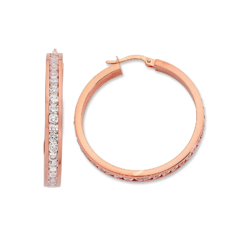 trendy statement earrings for women -9ct Rose Gold Silver Infused Cubic Zirconia Hoop Earrings