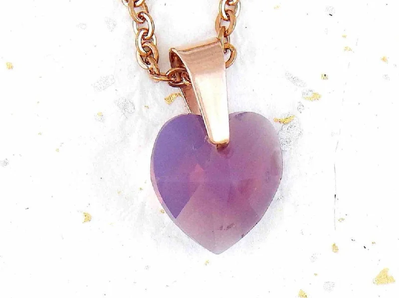 simple charm necklaces for women -15-inch necklace with 15mm smoky lilac faceted Swarovski crystal heart pendant, rose gold-plated stainless steel chain