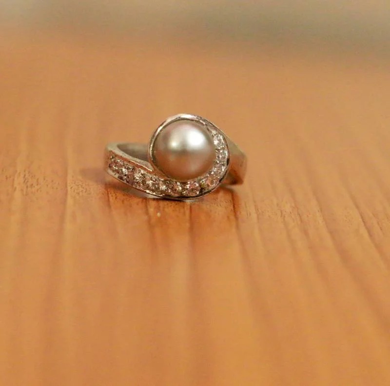 simple wedding bands for women -92.5 STERLING SILVER GREY PEARL RING