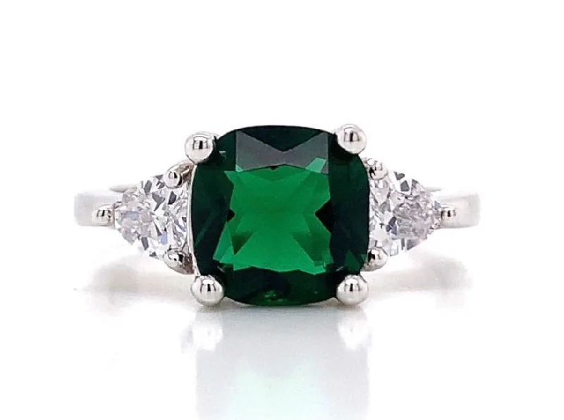 silver rings for women -Sterling Silver Emerald Princess Cut Ring With Two Side Stones