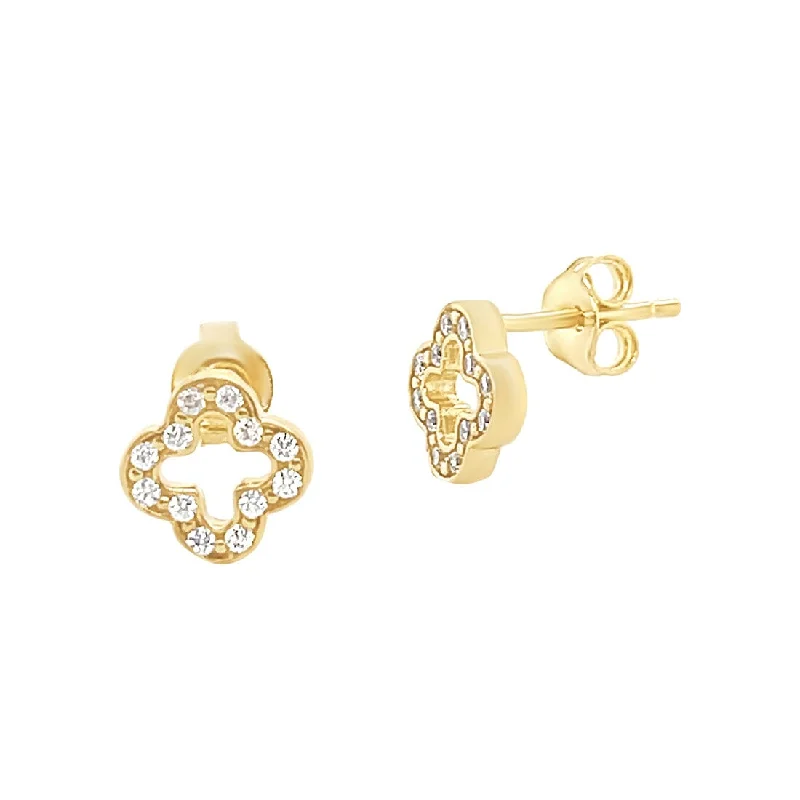 trendy statement earrings for women -Clover Stud Earrings in 9ct Yellow Gold Silver Infused with Cubic Zirconia