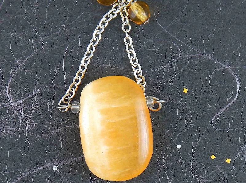 engraved necklaces for women -30-inch necklace with large rectangular honey yellow calcite stone pendant, triangular layout, matching glass beads, stainless steel chain