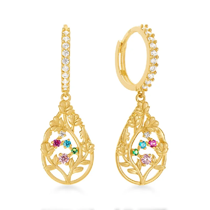 modern pearl earrings for women -10mm Colourful Drop Hoop Earrings with Cubic Zirconia in 9ct Yellow Gold