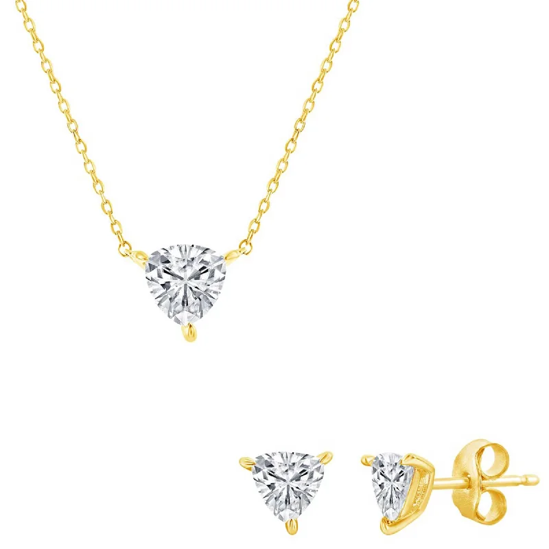 boho necklaces for women -Classic Women's Necklace and Earrings Set - Gold Solitaire Trillion CZ | SET-616