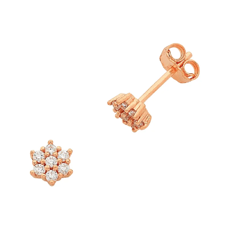 silver earrings for women -9ct Rose Gold Silver Infused Cubic Zirconia Flower Stud Earrings