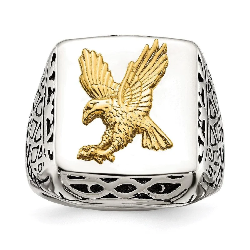 black diamond rings -Stainless Steel w/14k Accent Antiqued and Polished Eagle Ring