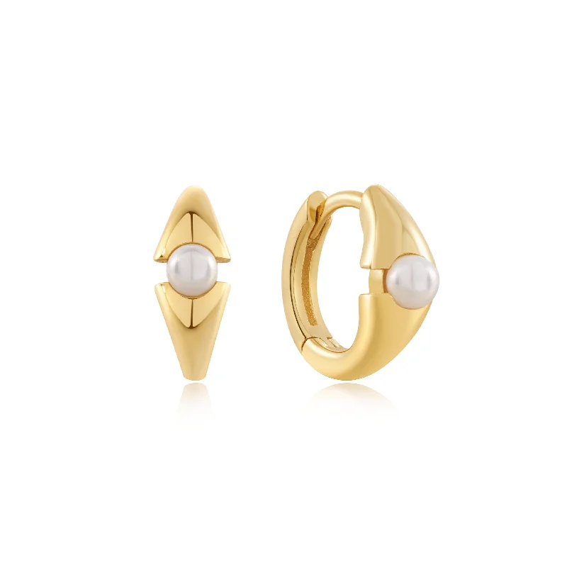 romantic earrings for women -Ania Haie Gold Pearl Geometric Huggie Hoop Earrings