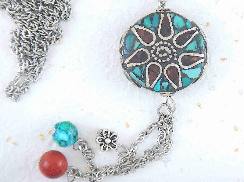 simple charm necklaces for women -26-inch necklace with Tibetan disk, coral and turquoise mosaic in pewter, flower pattern, matching pendants, stainless steel chain