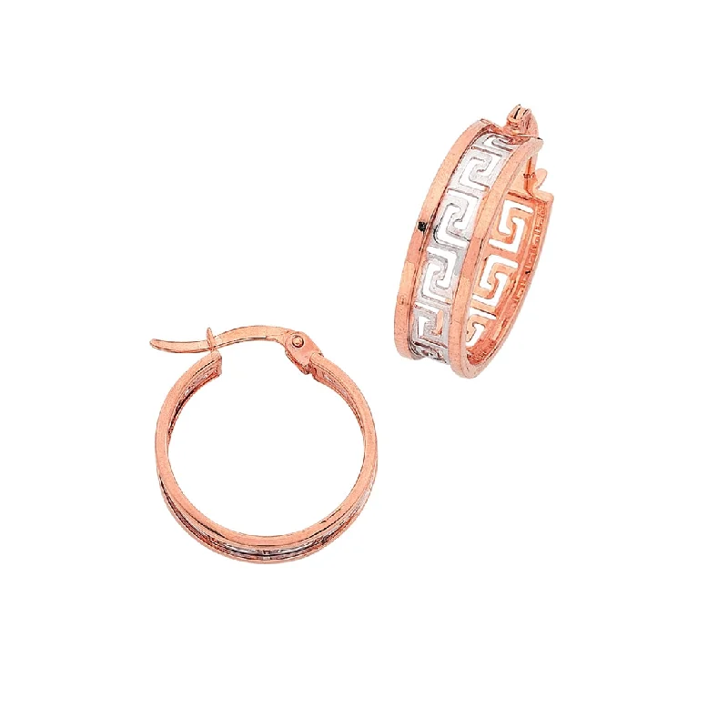 wedding earrings for women -9ct Rose Gold Silver Infused Greek Key Hoop Earrings