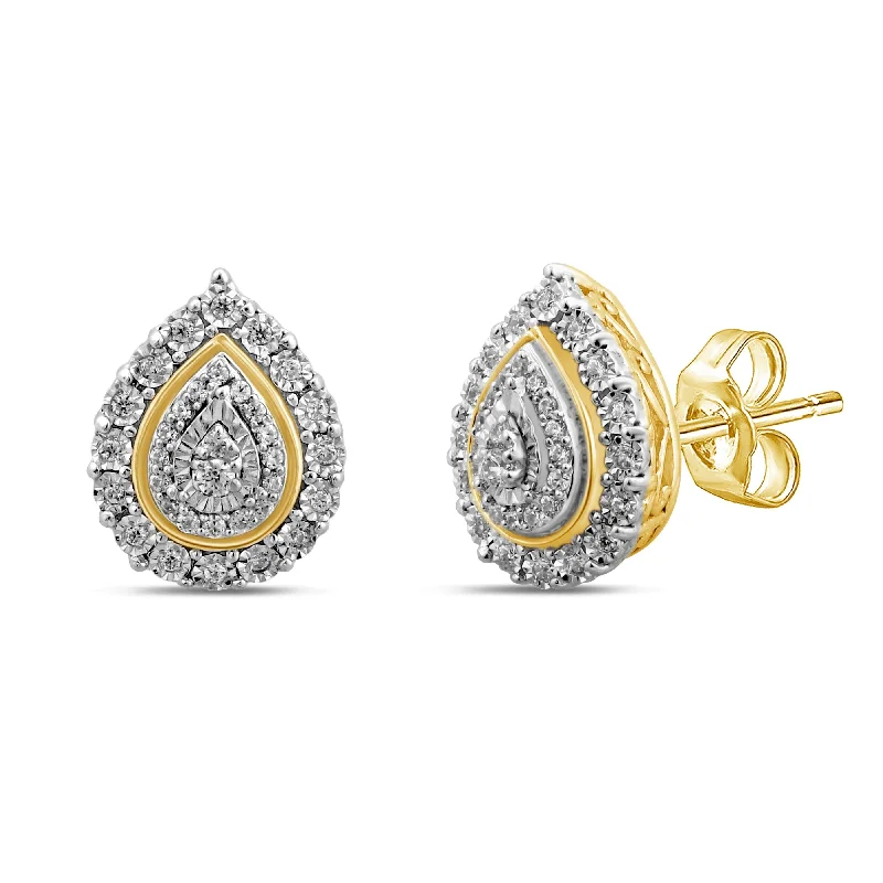 trendy earrings for women -Pear Shaped Stud Earrings with 0.15ct of Diamonds in 9ct Yellow Gold