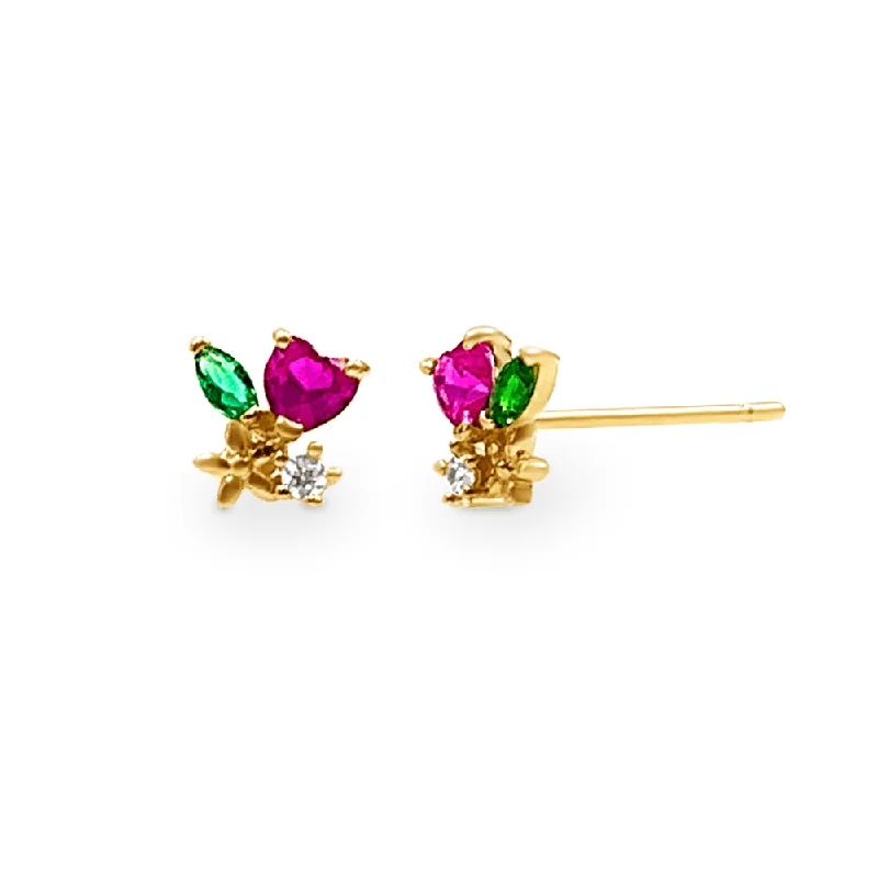 handmade earrings for women -Mini Whimsical Heart Stud Earrings with Cubic Zirconia in 9ct Yellow Gold