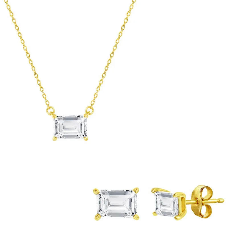 romantic necklaces for women -Classic Women's Necklace and Earrings Set - Gold Solitaire Rectangle CZ | SET-609