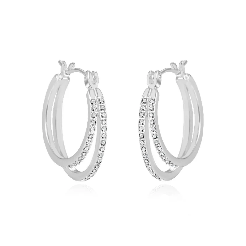 adjustable earrings for women -Silver Plated Double Hoop Earrings Created with Zircondia® Crystals