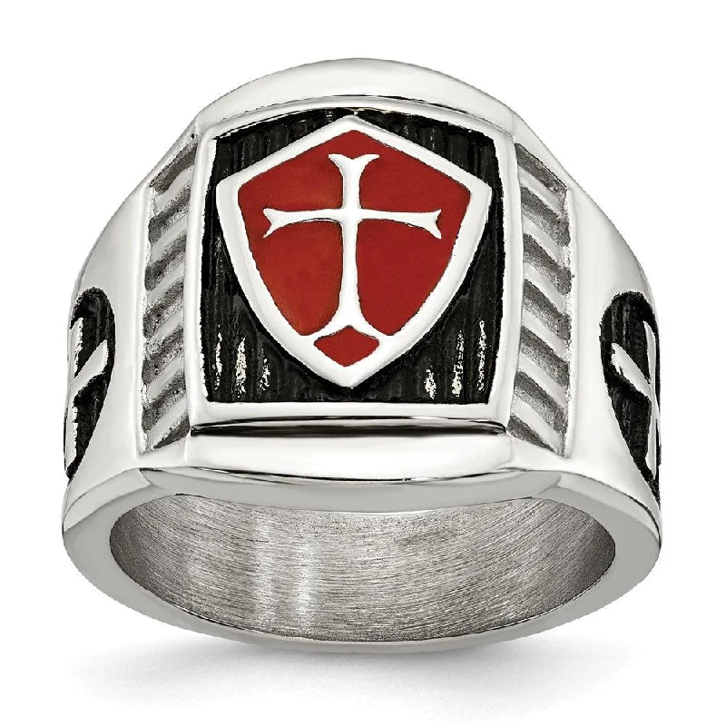 custom name rings -Stainless Steel Antiqued and Polished w/Red Enamel Cross/Shield Ring