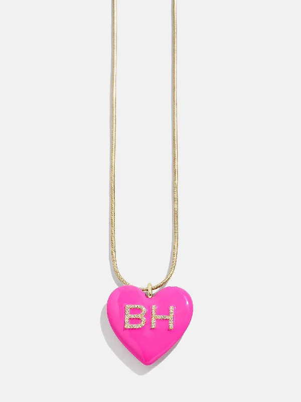 pearl drop necklaces for women -Custom Initial Enamel Heart Pendant Necklace - Hot Pink