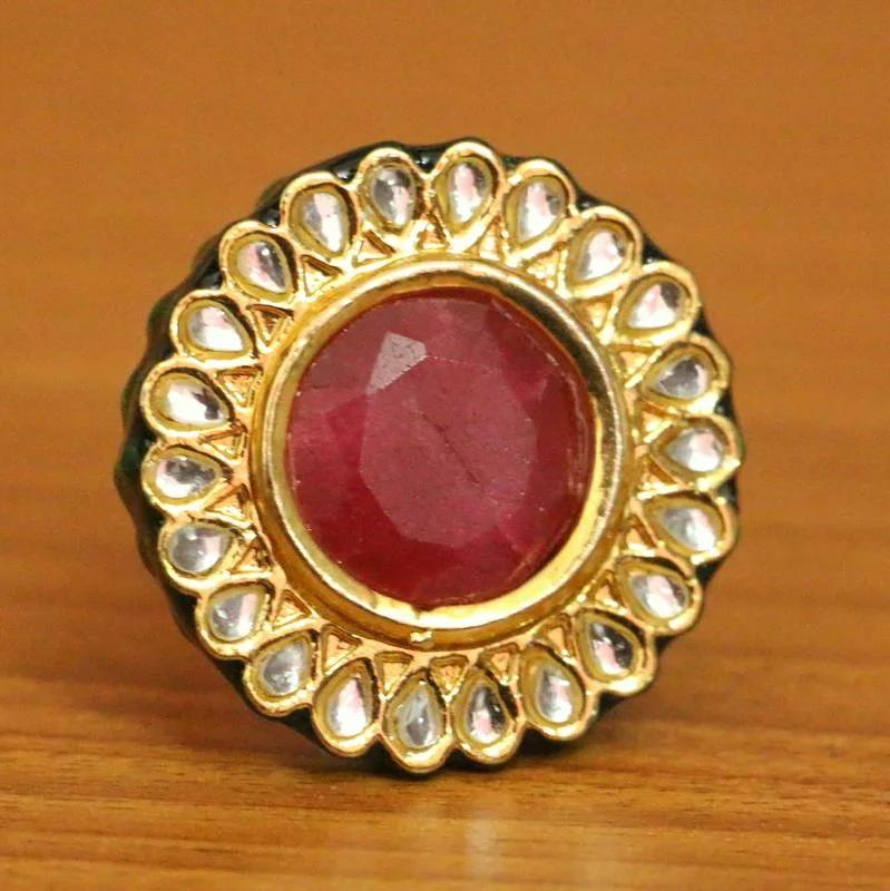 custom gold rings -GOLD PLATED RUBY ONYX KUNDAN MEENAKARI RING