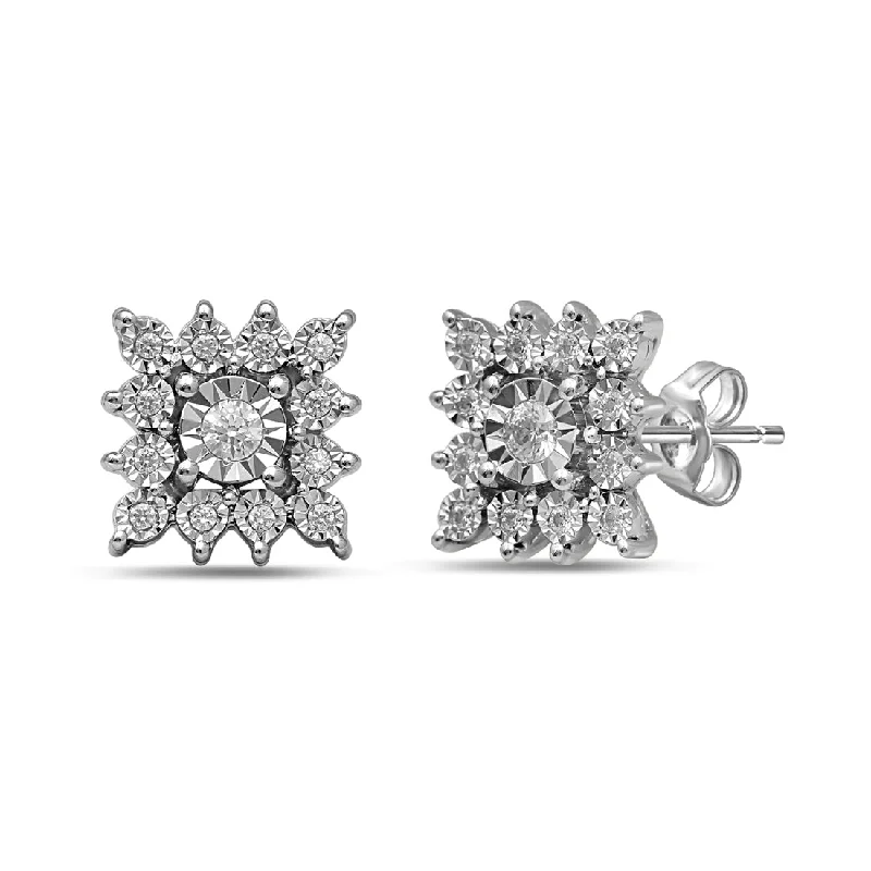 wedding earrings for women -Sterling Silver 0.20ct Diamond Square Star Look Stud Earrings