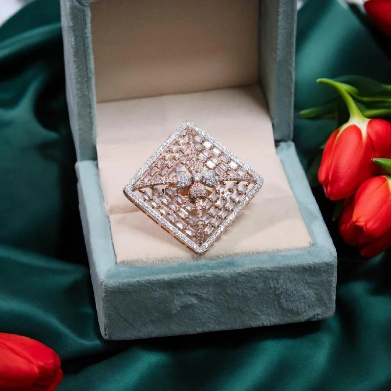 cocktail gemstone rings -Square Floral Design Festive AD Ring For Ladies