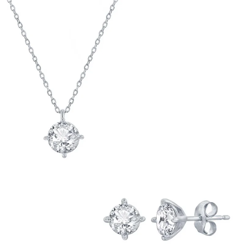 simple gold necklaces for women -Classic Women's Necklace and Earrings Set - Silver Solitaire Round White CZ | SET-619