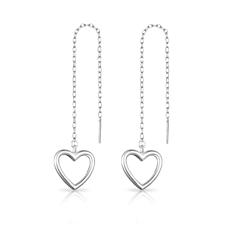 statement drop earrings for women -Sterling Silver Heart Thread Earrings