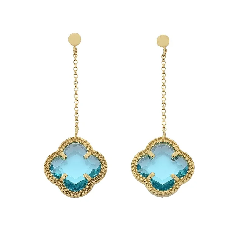 multi-strand earrings for women -9ct Yellow Gold 4 Leaf Clover Blue Stone Drop Earrings