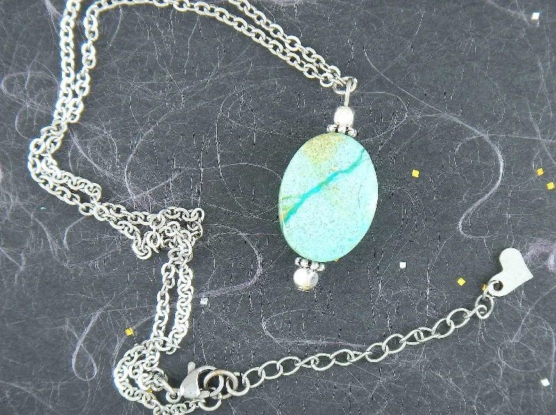 gemstone necklaces for women -15-inch necklace with oval blue-green marbled chrysocolla stone, stainless steel chain chain