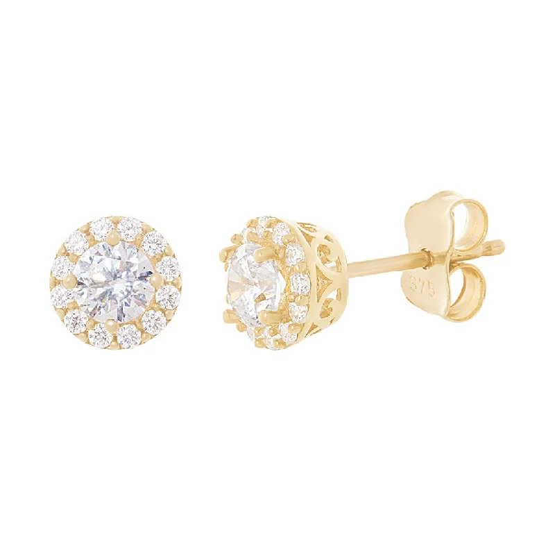 stylish pearl earrings for women -Cubic Zirconia Halo Stud Earrings in 9ct Yellow Gold