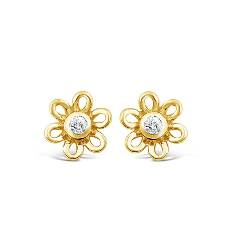 dangle earrings for women -Children's Diamond Open Flower Earrings in 9ct Yellow Gold