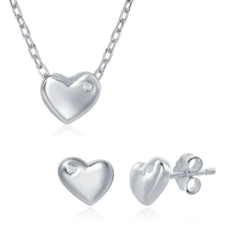 simple charm necklaces for women -Sterling Silver Heart with Single CZ Necklace and Earrings Set